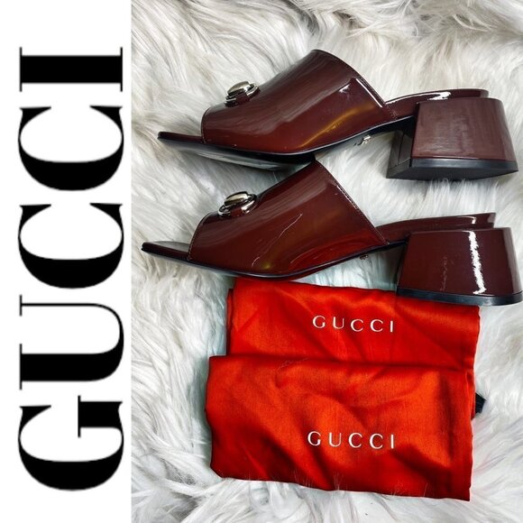 NWOT GUCCI Lexi Patent Leather Horsebit Accent Burgundy Slides, Size 35 - Picture 8 of 12